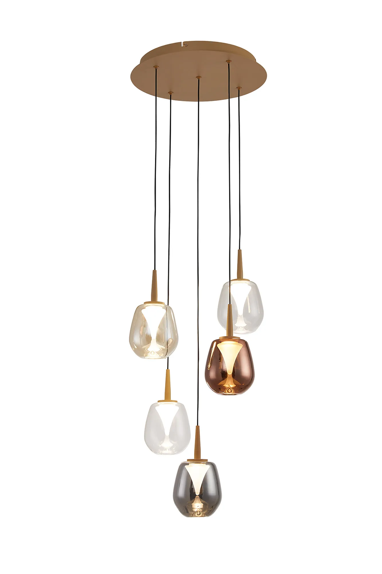 MK0009  Andromeda 39cm Round Pendant, 5 x 5W LED, 3000K, 2500lm, Gold/Copper/Chrome/Amber/Clear/Frosted 3yrs Warranty